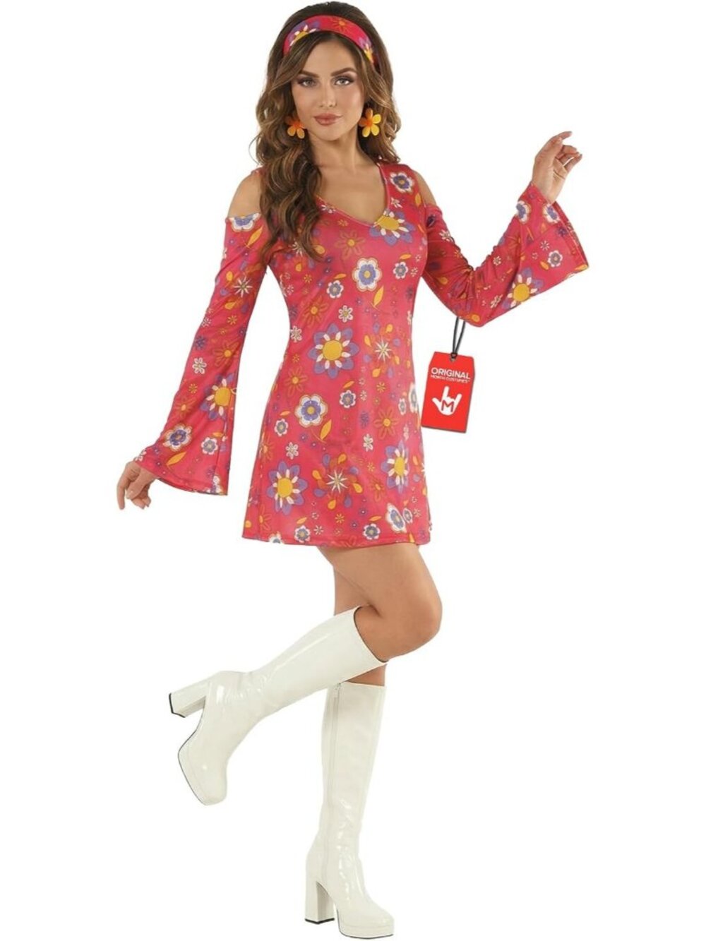 Women's Pink 70s Floral Mini Dress Costume with Flare Sleeves Halloween Outfit